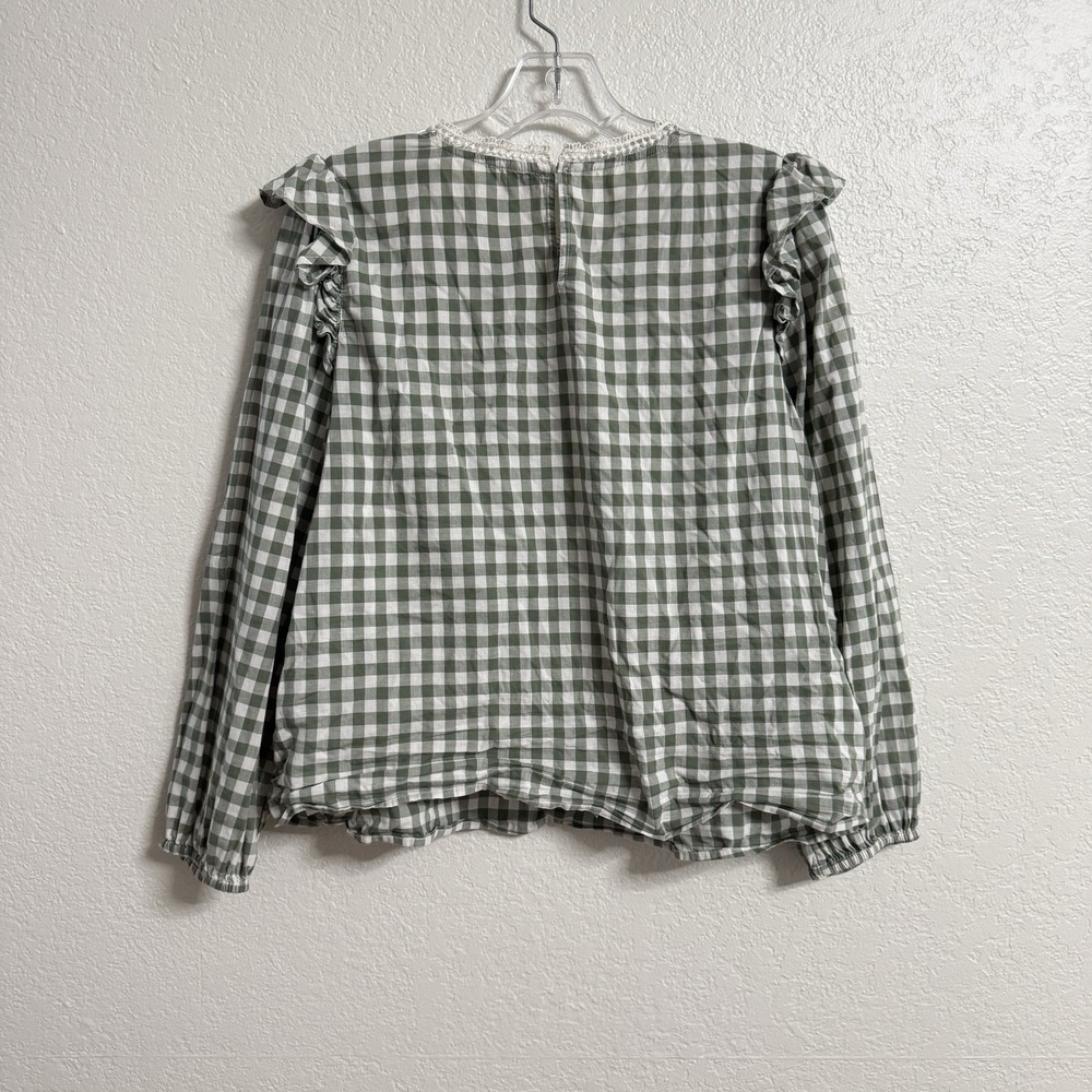 J Crew Blouse Womens Medium Green Gingham Lace Ruffle‎ Preppy Coastal Classic - Picture 4 of 9